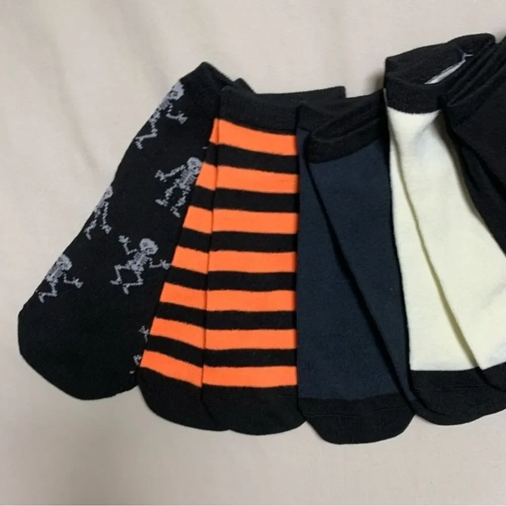 Halloween Fall Girl’s 6-12 Ankle Socks Orange Black Skeleton Stripes Set of 5
